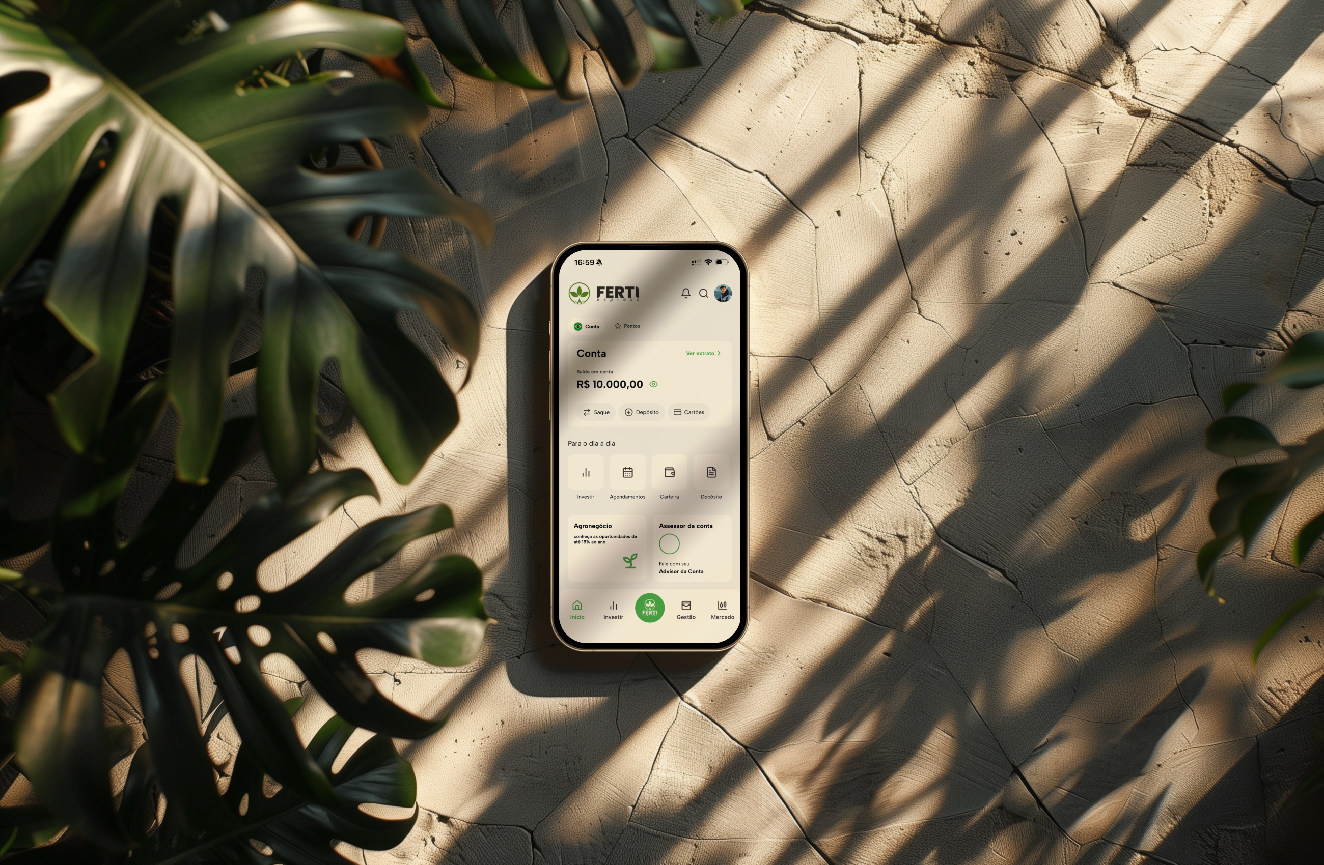 Ferti app showing investments, market, and digital signature